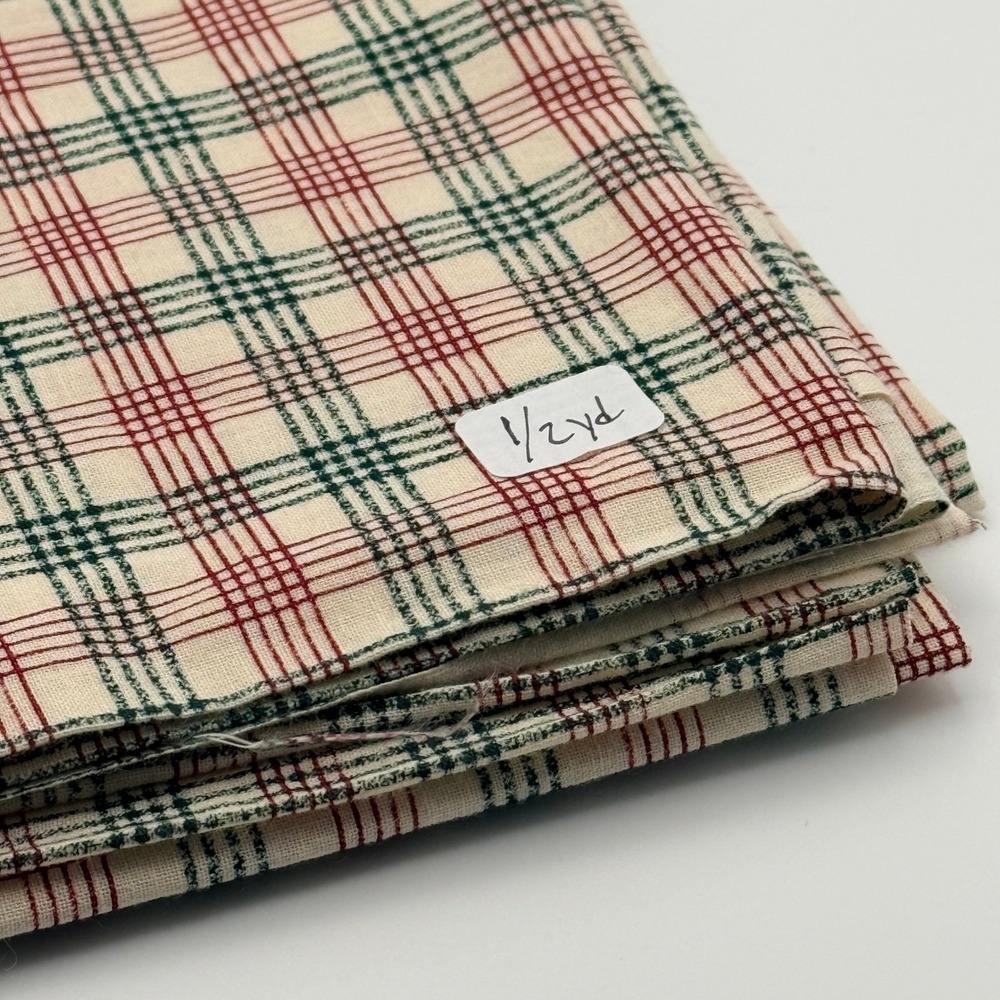 Plaid Fabric Remnant Sewing Craft Red Green Cream 0.5 Yard Cotton